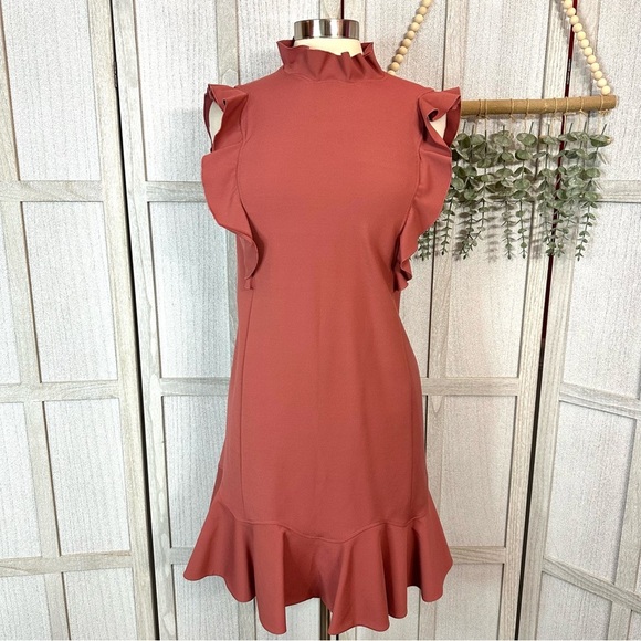 Rebecca Taylor Ruffle Mock Neck Dress Size Small Burnt Orange Sleeveless - Picture 1 of 8